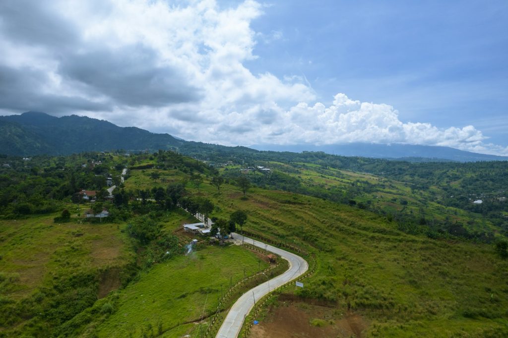 an aerial view of a lush green hillside
